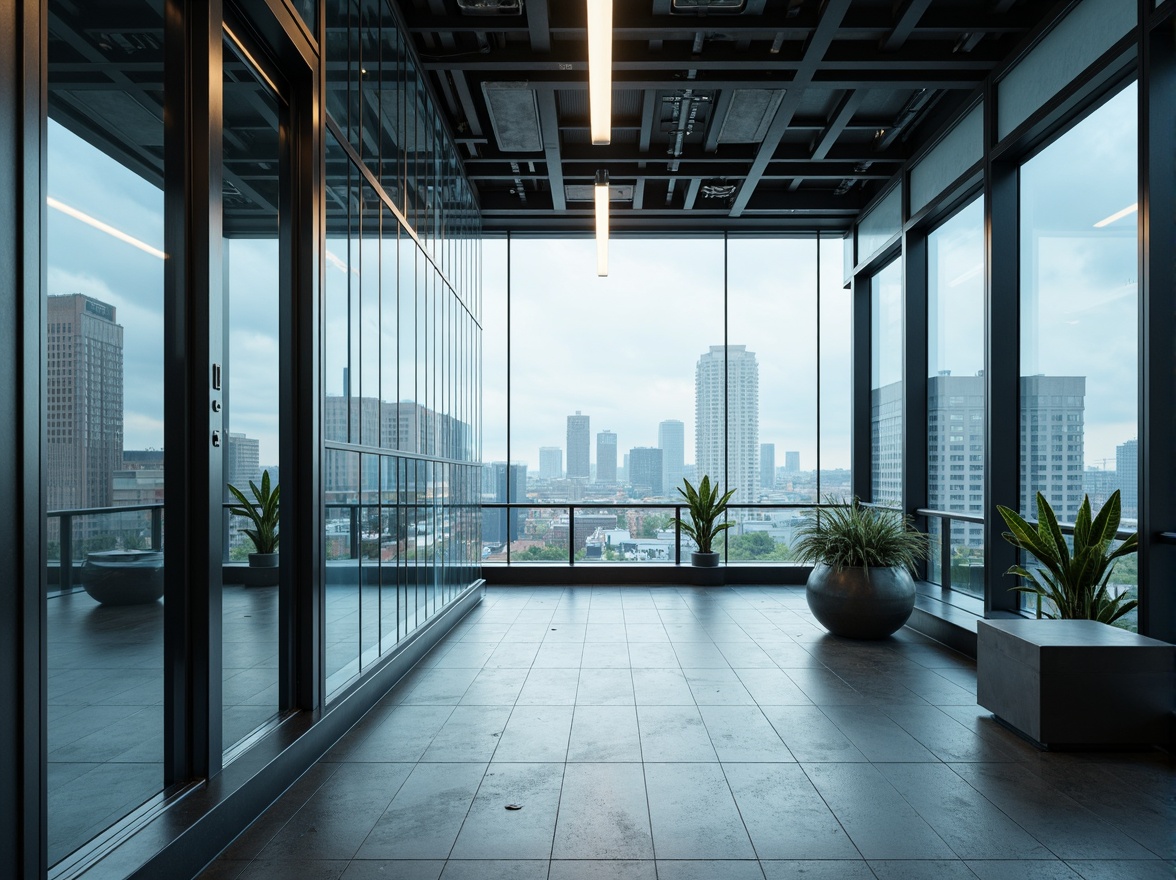 Prompt: Glass fa\u00e7ade office building, minimalistic interior, open floor plan, transparent elevators, sleek metal frames, modern LED lighting, polished concrete floors, floor-to-ceiling windows, abundant natural light, urban cityscape views, cloudy sky, softbox lighting, 1/2 composition, shallow depth of field, realistic glass reflections, subtle ambient occlusion.