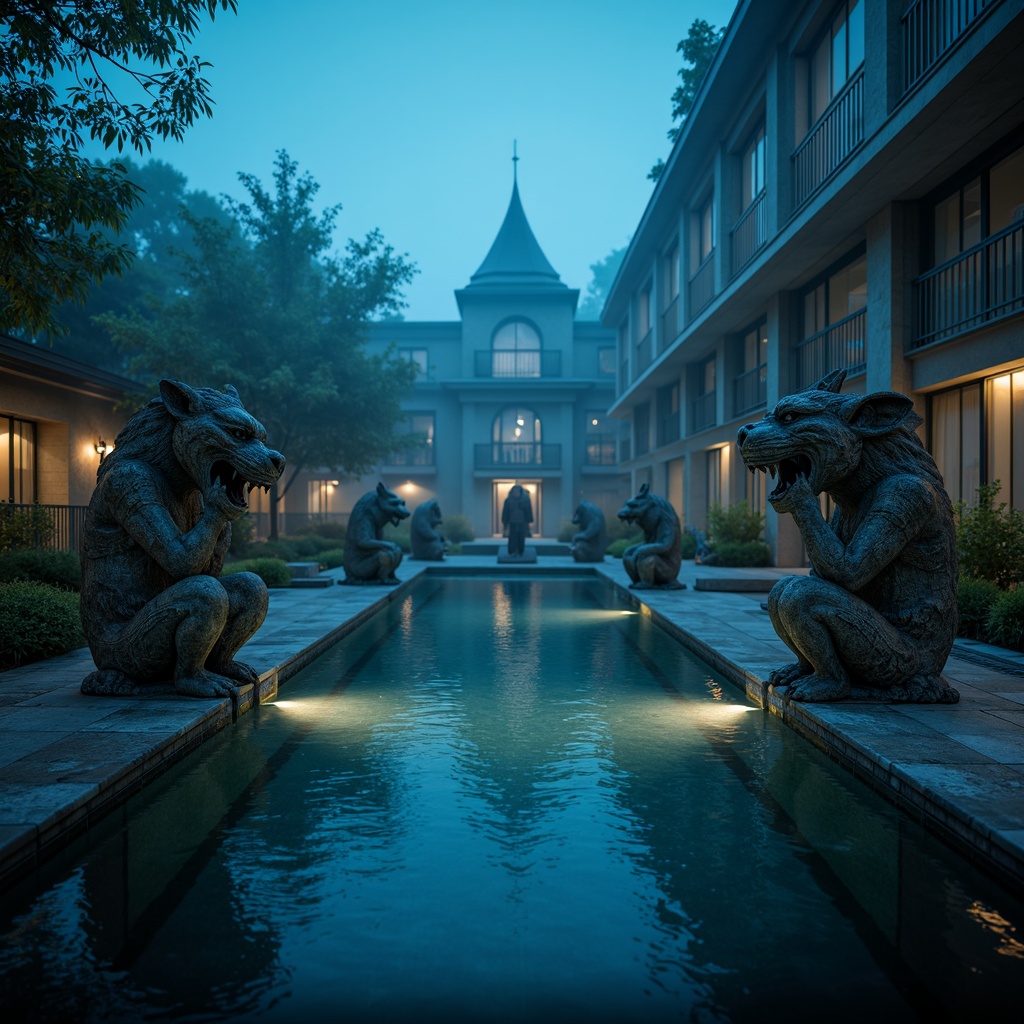 Prompt: Ancient stone gargoyles, mystical creatures, water features, swimming pool decorations, eerie ambiance, misty atmosphere, nighttime illumination, dramatic shadows, gothic architecture, ornate carvings, mythological themes, weathered stone textures, mysterious auras, foggy surroundings, soft blue lighting, shallow depth of field, 1/2 composition, cinematic view, realistic water effects.