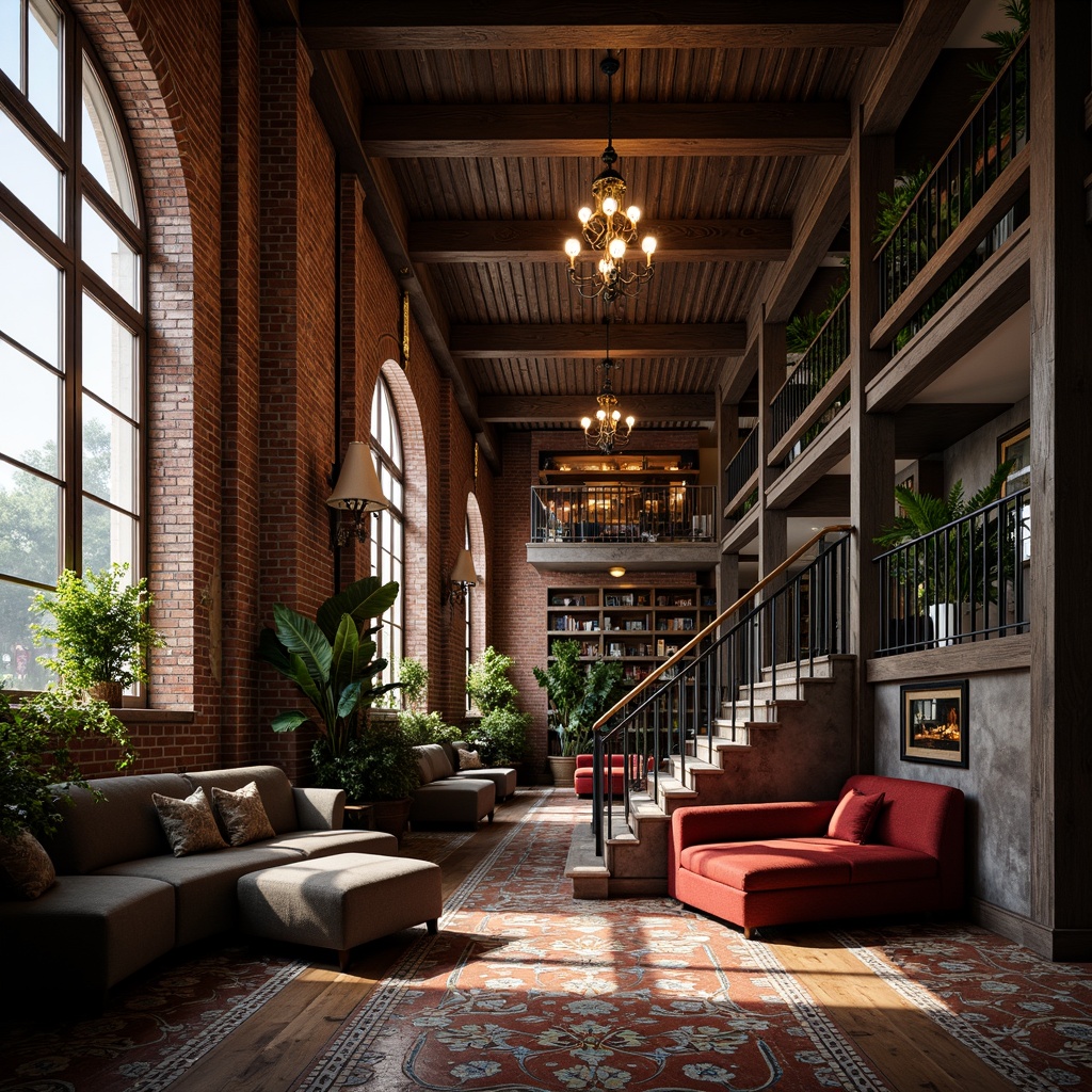 Prompt: Exposed brick walls, rustic wooden beams, industrial metal columns, reclaimed wood flooring, vintage decorative tiles, arched windows, ornate ironwork, grand staircase, cozy reading nooks, plush velvet furnishings, rich jewel-toned color scheme, dramatic chandeliers, warm ambient lighting, shallow depth of field, 1/2 composition, soft focus, natural textures, atmospheric misting.