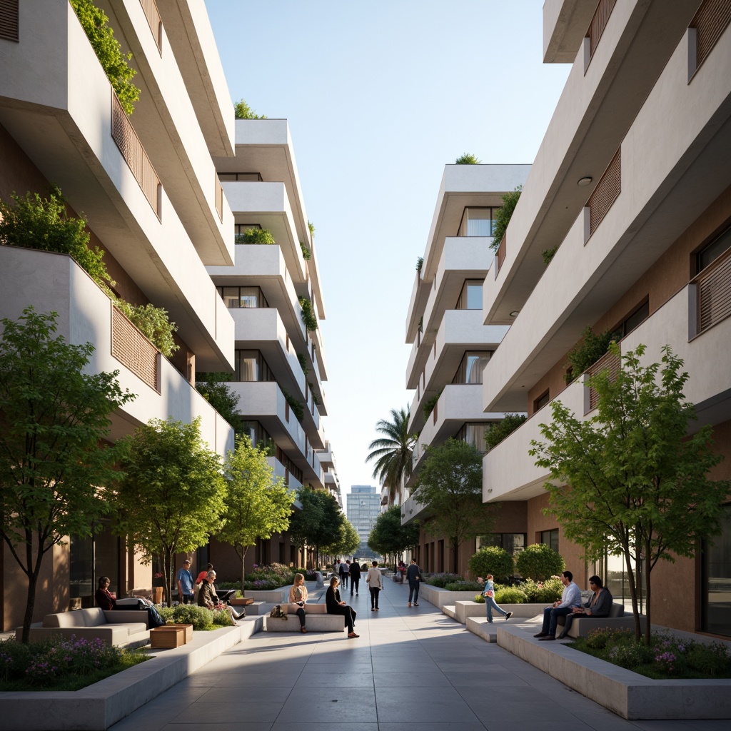 Prompt: Grand university building, international style facade, neutral color scheme, rectangular windows, horizontal lines, flat roof, modern minimalist design, brutalist architecture, concrete walls, subtle texture details, soft natural lighting, warm afternoon ambiance, shallow depth of field, 1/2 composition, realistic render, ambient occlusion, vibrant greenery, blooming flowers, outdoor seating areas, pedestrian pathways, urban cityscape.