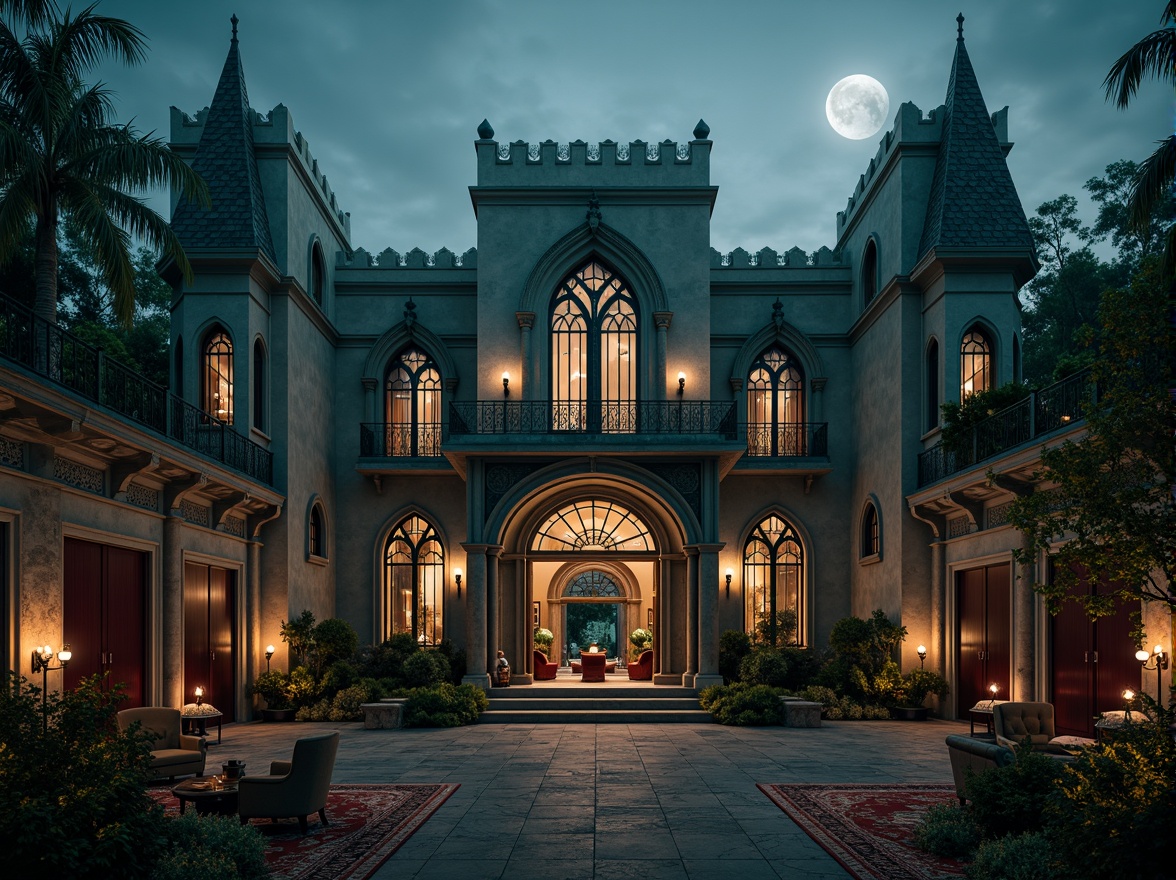 Prompt: Mysterious villa, Gothic architecture, intricate stone carvings, grandiose entrance, pointed arches, ribbed vaults, flying buttresses, ornate furnishings, luxurious textiles, rich velvets, deep reds, midnight blues, emerald greens, golden accents, warm candlelight, dramatic shadows, atmospheric mist, eerie moonlight, 3/4 composition, shallow depth of field, cinematic mood, intricate details, mystical ambiance.