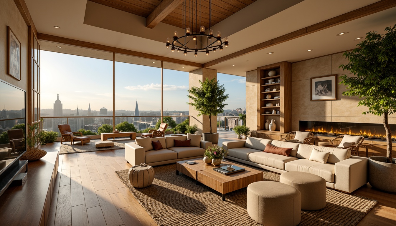 Prompt: Cozy living room, plush sofas, warm beige walls, rich wood flooring, soft golden lighting, elegant chandeliers, vibrant greenery, floor-to-ceiling windows, panoramic city views, modern minimalist decor, comfortable sectional seating, natural stone fireplaces, rustic wooden accents, earthy color palette, inviting textures, shallow depth of field, 1/1 composition, realistic ambient occlusion.