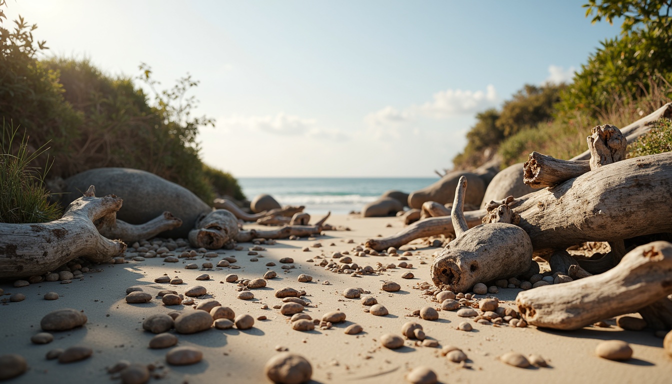 Prompt: Weathered driftwood, ocean-battered rocks, sandy dunes, sea-worn pebbles, beachy grasses, coral reefs, shells, seaweed, ocean-inspired sculptures, wave-crashed shorelines, salty mist, sea spray, warm sunlight, soft focus, shallow depth of field, 1/1 composition, symmetrical framing, natural materials, earthy tones, organic shapes, rustic accents, distressed finishes, beachy color palette.