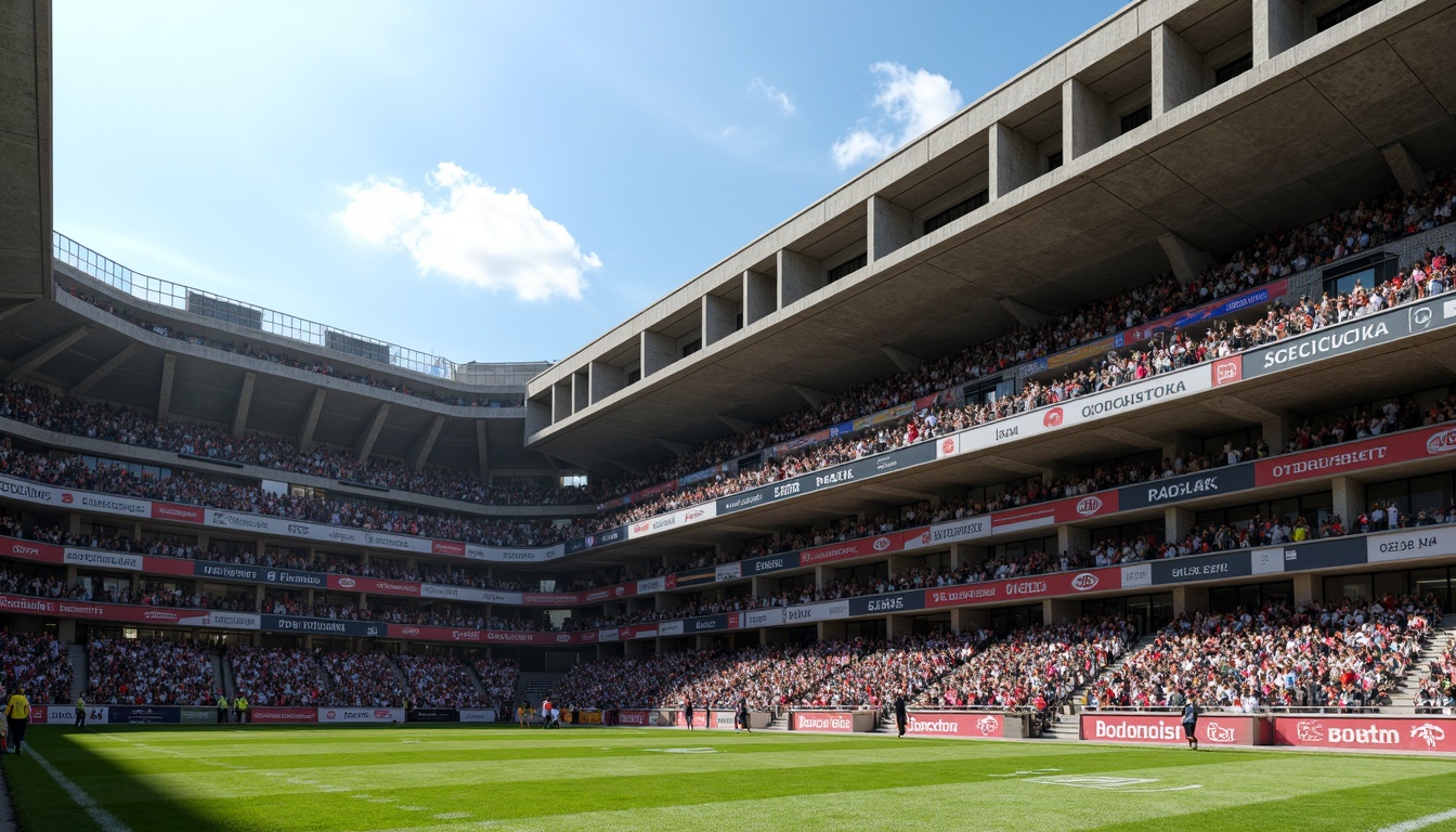 Prompt: Rugged football stadium, brutalist architecture, exposed concrete structures, robust steel beams, angular lines, raw unfinished textures, monumental scale, imposing fa\u00e7ade, dramatic cantilevered roofs, industrial-style lighting, bold color schemes, vibrant team colors, dynamic crowd atmosphere, sunny day, high-contrast shadows, deep depth of field, 1/2 composition, low-angle shot, gritty realistic rendering.