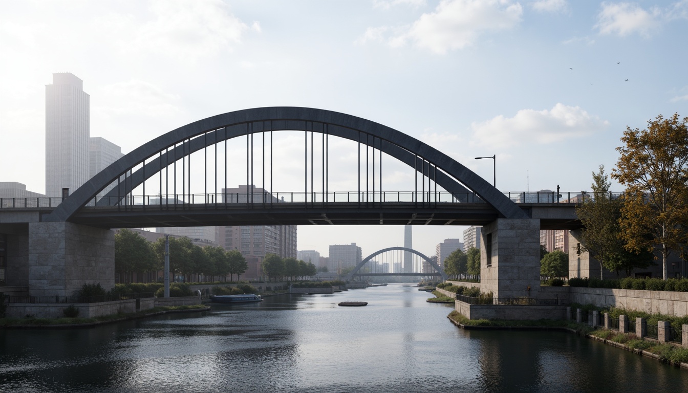 Prompt: Curved bridge silhouette, regionalist architecture style, rustic stone foundations, steel arches, suspension cables, urban waterfront setting, industrial heritage influence, modern reinterpretation, asymmetrical fa\u00e7ade, cantilevered walkways, glass railings, water reflection, misty morning atmosphere, soft natural lighting, 1/2 composition, atmospheric perspective, realistic material textures, ambient occlusion.