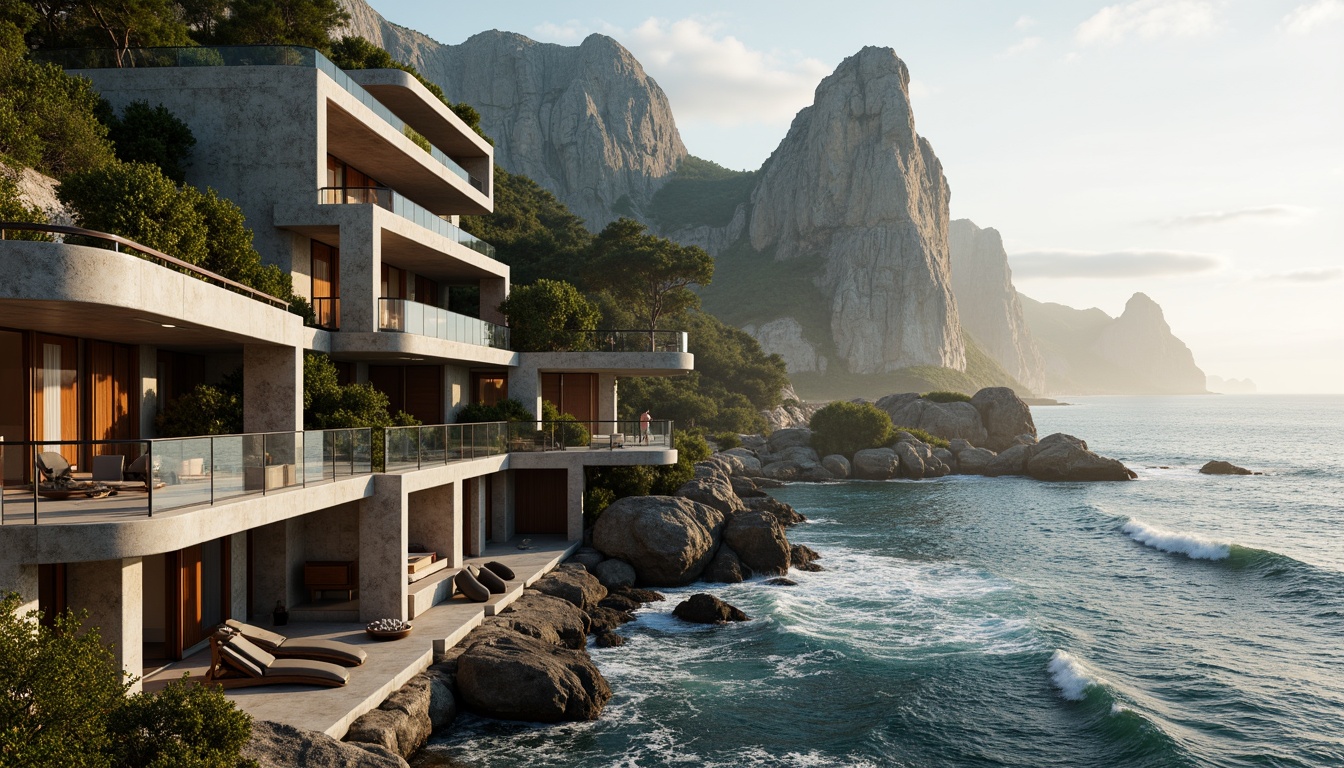 Prompt: Majestic monolithic structures, rugged coastal cliffs, crashing ocean waves, salty sea air, weathered stone fa\u00e7ades, dramatic overhangs, cantilevered roofs, large panoramic windows, seamless glass railings, natural wood accents, beachy driftwood textures, organic forms, curvaceous lines, brutalist architecture, imposing scale, dramatic shadows, warm golden lighting, shallow depth of field, 2/3 composition, cinematic view.