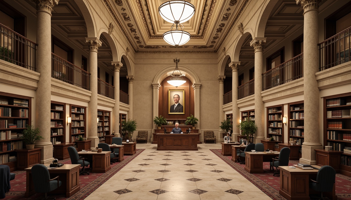 Prompt: Grand courthouse entrance, majestic columns, ornate ceilings, polished marble floors, elegant chandeliers, sophisticated law libraries, comfortable judge's chambers, modern courtrooms, sleek wooden benches, advanced audio-visual systems, ample natural light, subtle color schemes, refined textures, classic architectural details, solemn atmosphere, shallow depth of field, 1/2 composition, warm soft lighting, realistic reflections.