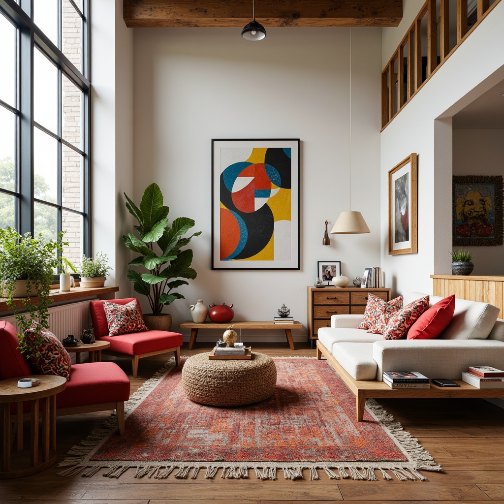 Prompt: Vibrant artistic studio, eclectic furniture, bold colorful accents, textured rugs, modern abstract artwork, sleek metal decorations, natural wood tones, creamy white walls, floor-to-ceiling windows, abundant natural light, warm cozy atmosphere, softbox lighting, shallow depth of field, 1/2 composition, realistic textures, ambient occlusion.