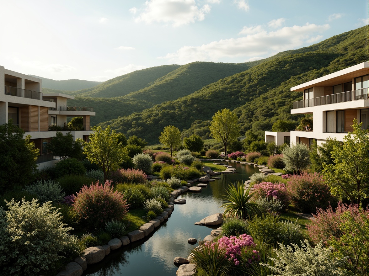 Prompt: Rolling hills, lush greenery, meandering pathways, modernist buildings, curved lines, cantilevered roofs, large windows, sliding glass doors, natural stone walls, wooden accents, vibrant floral arrangements, serene water features, stepping stones, ambient outdoor lighting, soft warm glow, shallow depth of field, 3/4 composition, panoramic view, realistic textures, ambient occlusion.