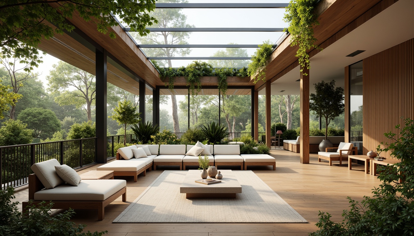 Prompt: Minimalist interior, abundant natural light, floor-to-ceiling windows, sliding glass doors, transparent roofs, open-plan living areas, organic shapes, earthy tones, reclaimed wood accents, lush green walls, hanging plants, airy atmosphere, soft warm lighting, shallow depth of field, 1/1 composition, realistic textures, ambient occlusion, peaceful ambiance, serene atmosphere.