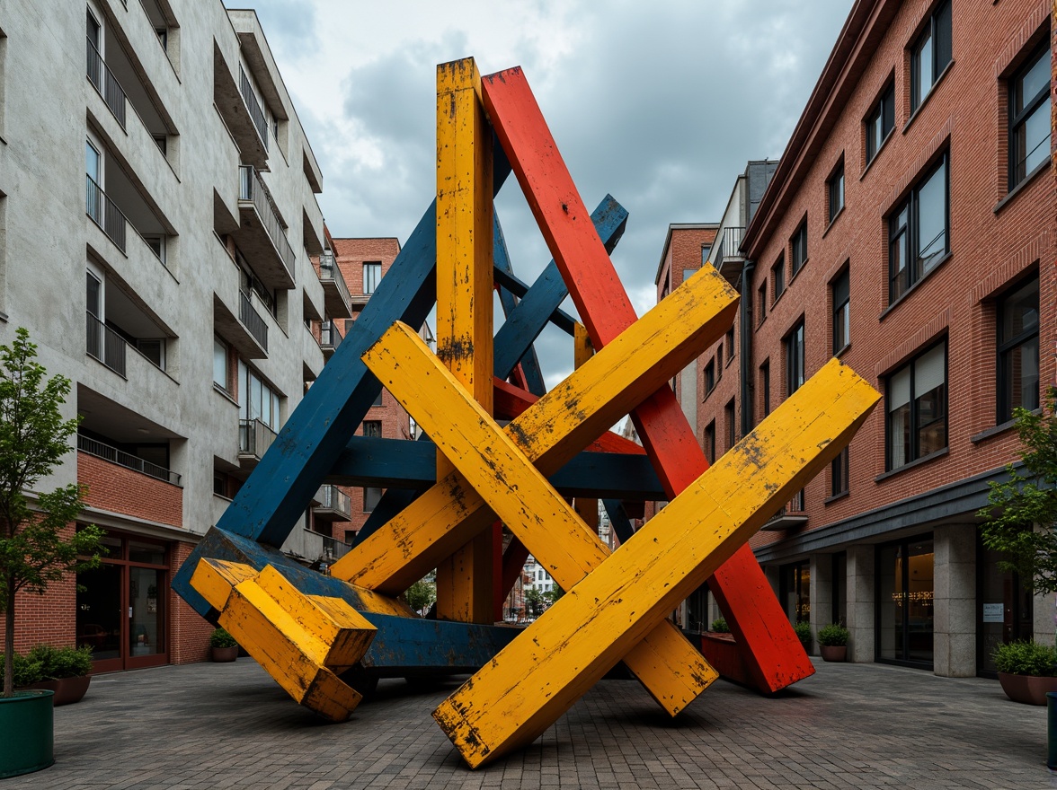 Prompt: Vibrant constructivist sculpture, bold geometric shapes, intersecting planes, dynamic diagonal lines, industrial metal textures, exposed brick walls, distressed wood accents, avant-garde artistic expressions, urban cityscape background, cloudy grey skies, warm golden lighting, high-contrast shadows, 1/2 composition, symmetrical framing, gritty realistic renderings, atmospheric perspective.