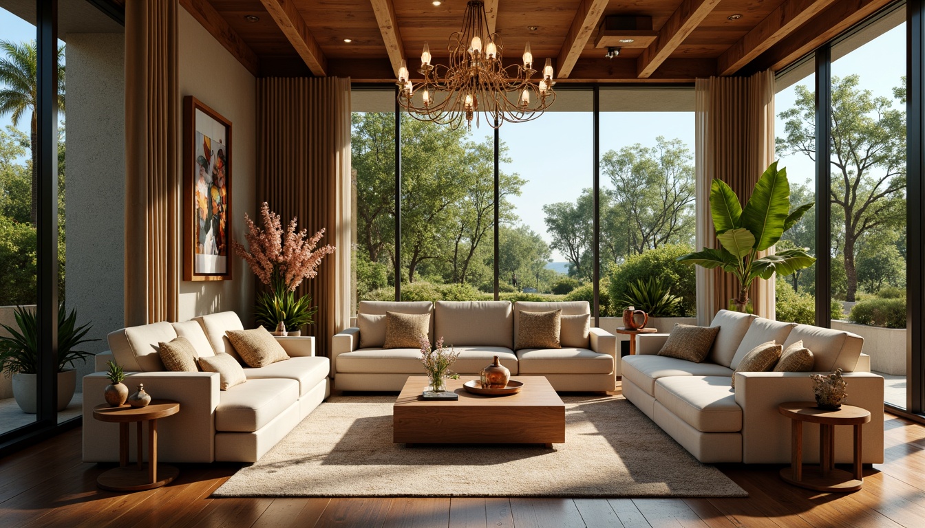 Prompt: Cozy living room, plush furnishings, warm earthy tones, natural wood accents, comfortable sofas, soft cushions, floor-to-ceiling windows, abundant sunlight, lush greenery, delicate flower arrangements, elegant chandeliers, warm ambient lighting, 1/2 composition, shallow depth of field, inviting color palette, textured rugs, wooden flooring, modern minimalist decor, stylish vases, artistic wall paintings.