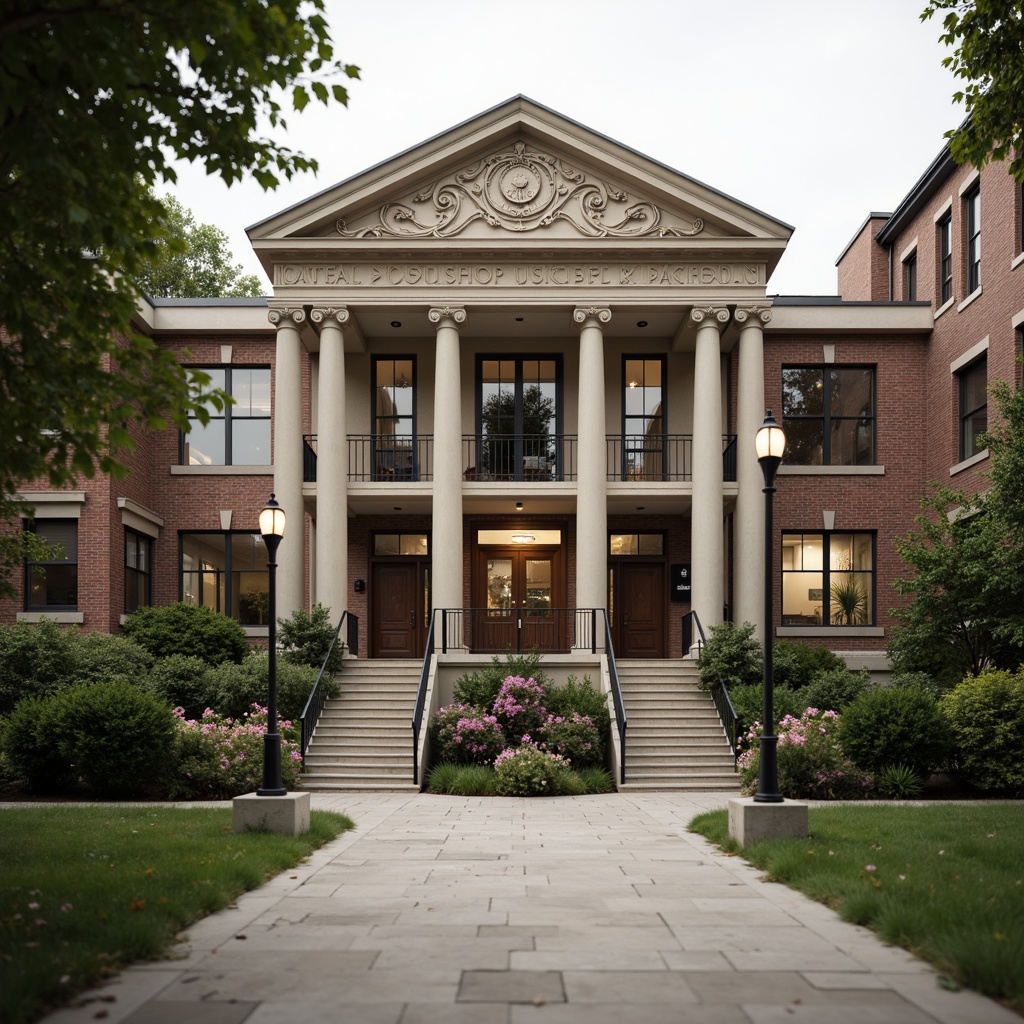 Prompt: Elegant school facade, classical columns, ornate stone carvings, symmetrical architecture, grand entrance, sweeping staircases, wooden doors, metal railings, vintage lanterns, lush greenery, blooming flowers, natural stone walkways, brick buildings, subtle color palette, soft warm lighting, shallow depth of field, 3/4 composition, panoramic view, realistic textures, ambient occlusion.