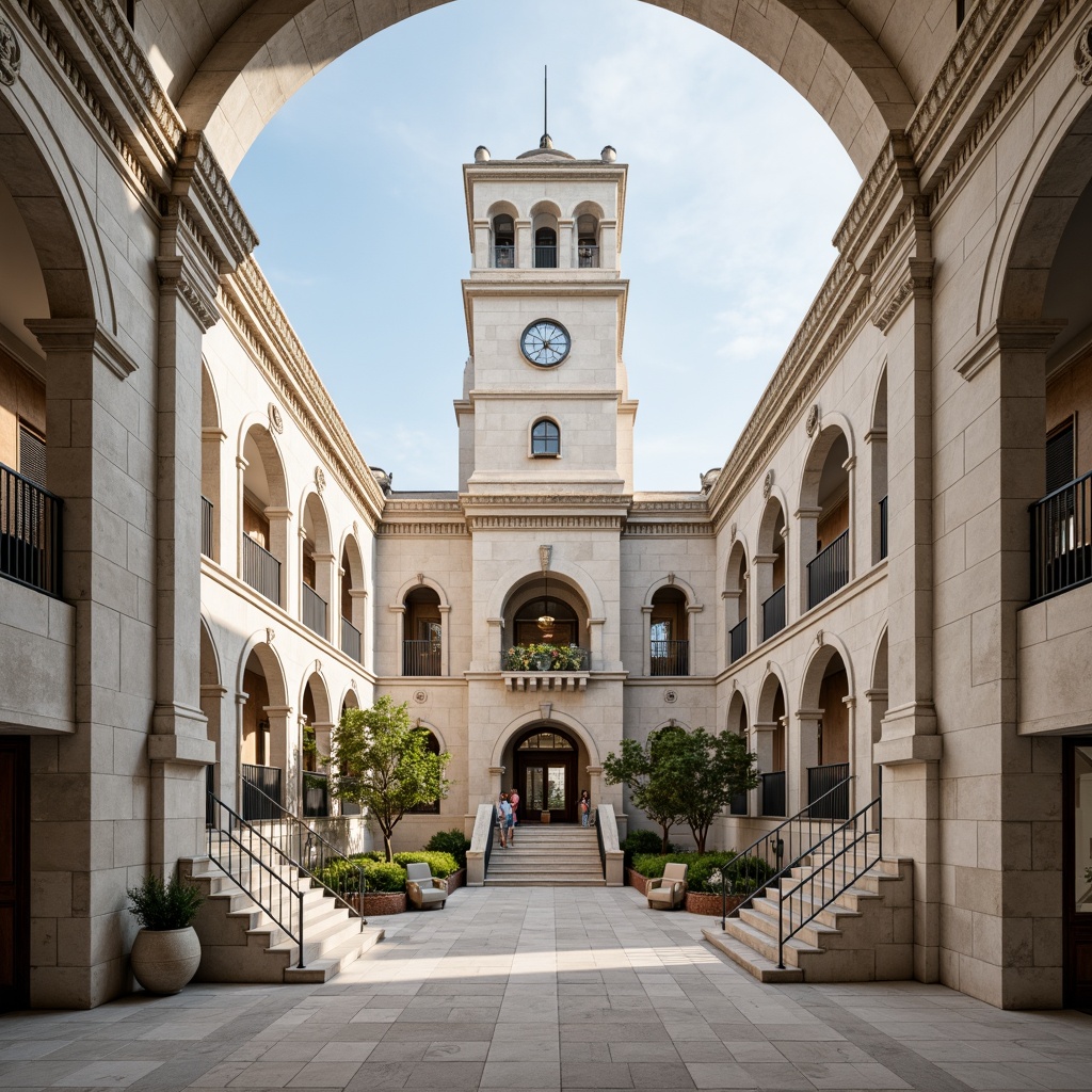 Prompt: Monumental courthouse building, neoclassical facade, grand entrance arches, symmetrical columns, ornate details, limestone walls, large clock tower, modernist influences, clean lines, minimal ornamentation, neutral color palette, natural stone flooring, sleek metal handrails, dramatic staircases, high ceilings, abundant natural light, soft diffused lighting, shallow depth of field, 1/1 composition, realistic textures, ambient occlusion.