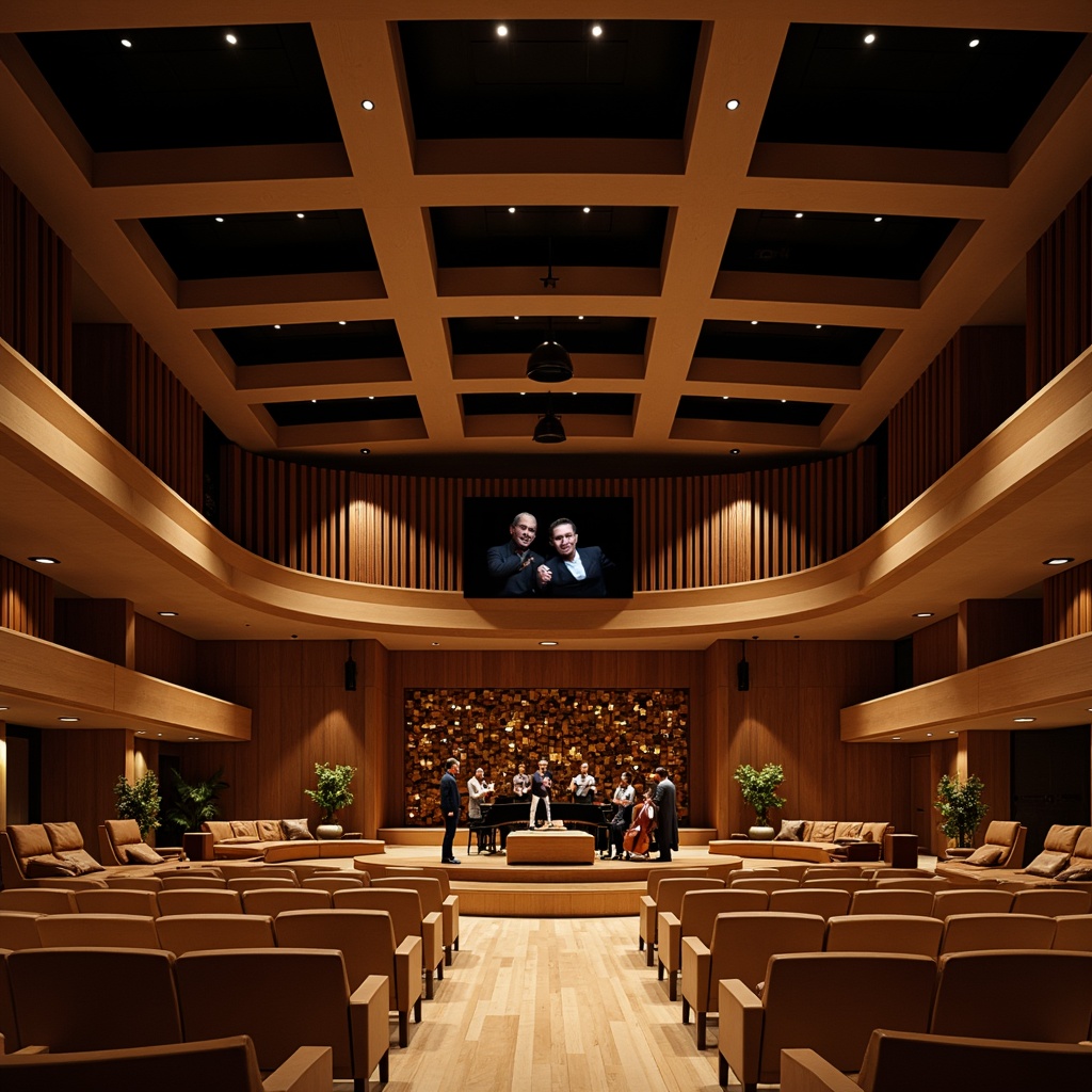 Prompt: Elegant concert hall, wooden flooring, sound-absorbing panels, acoustic diffusers, curved lines, premium leather seats, sophisticated lighting design, subtle color palette, intimate setting, precise sound reflections, optimal reverberation time, 3D audio simulation, immersive listening experience, advanced sound processing technologies, high-fidelity speaker systems, delicate instrument details, refined musical nuances, warm ambiance, soft spotlighting, shallow depth of field, cinematic composition.