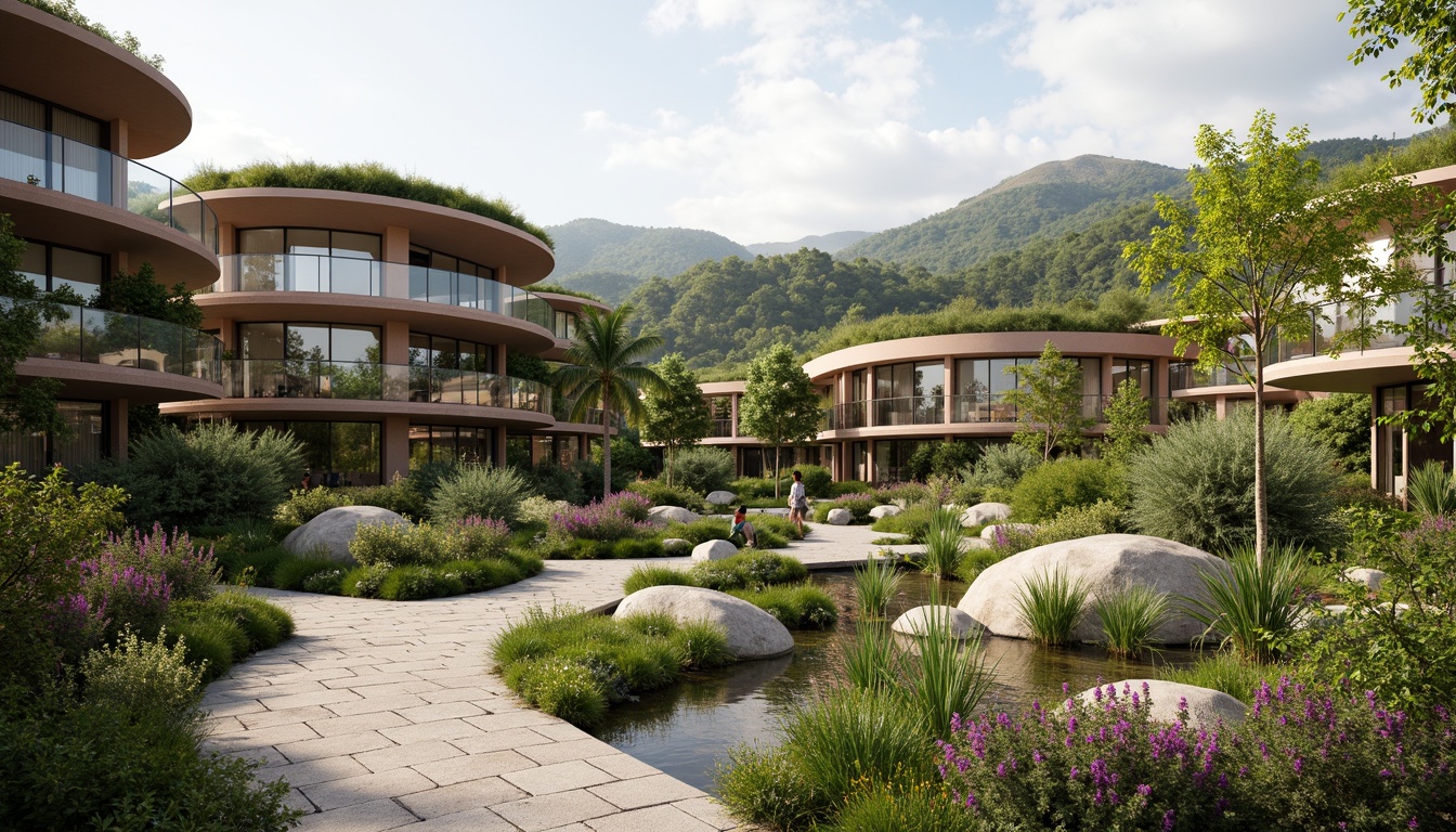 Prompt: Harmonious landscape integration, curvaceous building forms, lush green roofs, vibrant floral arrangements, natural stone walkways, meandering water features, organic architecture styles, earthy color palettes, seamless indoor-outdoor transitions, cantilevered structures, panoramic views, soft warm lighting, 1/1 composition, realistic textures, ambient occlusion.