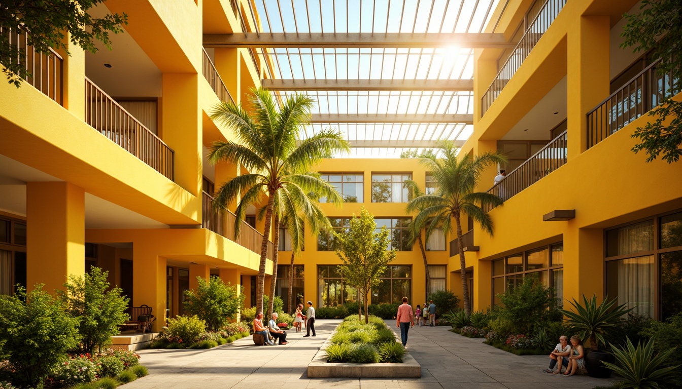 Prompt: Vibrant yellow accents, bright sunflower-inspired walls, warm golden lighting, modern minimalist buildings, sleek metal frames, large glass windows, open-air atriums, lush green roofs, tropical plants, sunny day, soft warm glow, shallow depth of field, 3/4 composition, panoramic view, realistic textures, ambient occlusion.