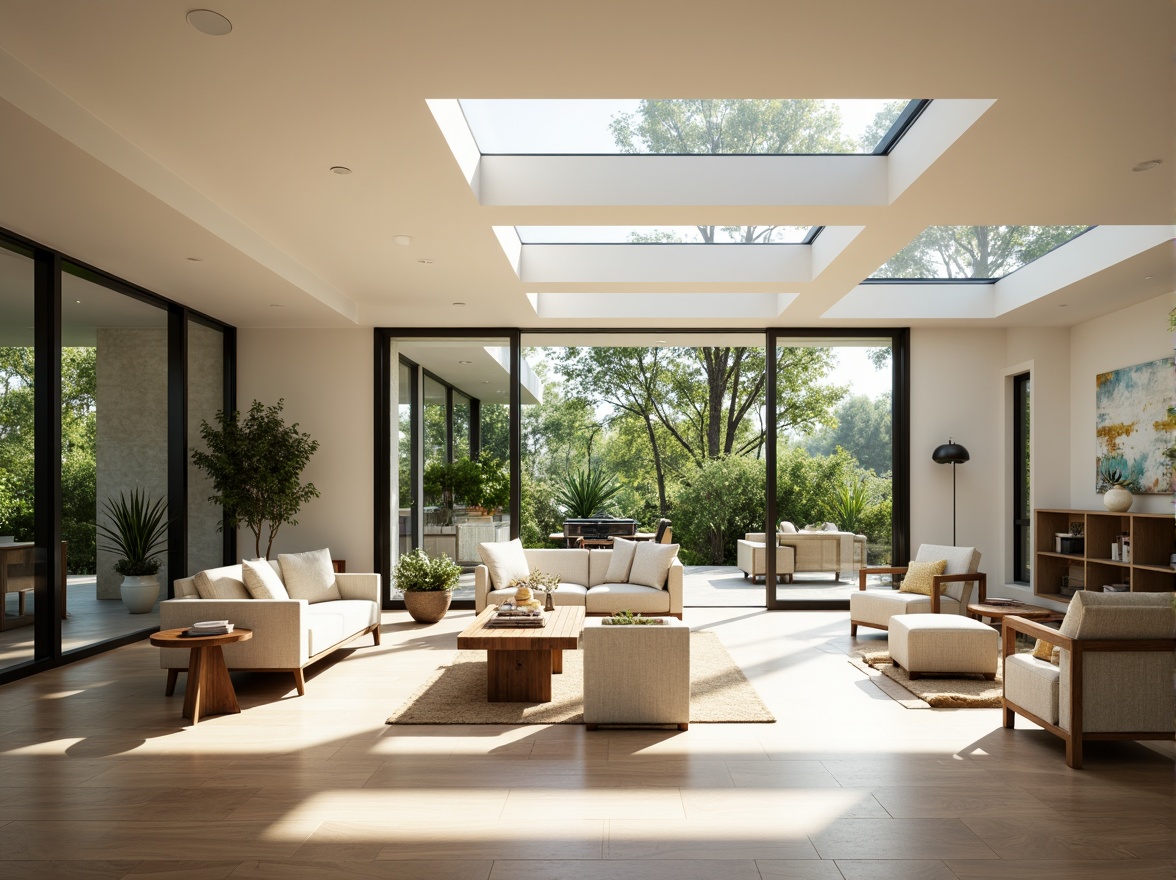 Prompt: Bright modern living room, floor-to-ceiling windows, sliding glass doors, minimal window frames, clerestory windows, skylights, solar tubes, light shelves, reflective surfaces, pale color palette, glossy finishes, polished wood floors, open-plan layout, spacious interior, greenery views, surrounding trees, sunny day, soft warm lighting, shallow depth of field, 3/4 composition, realistic textures, ambient occlusion.