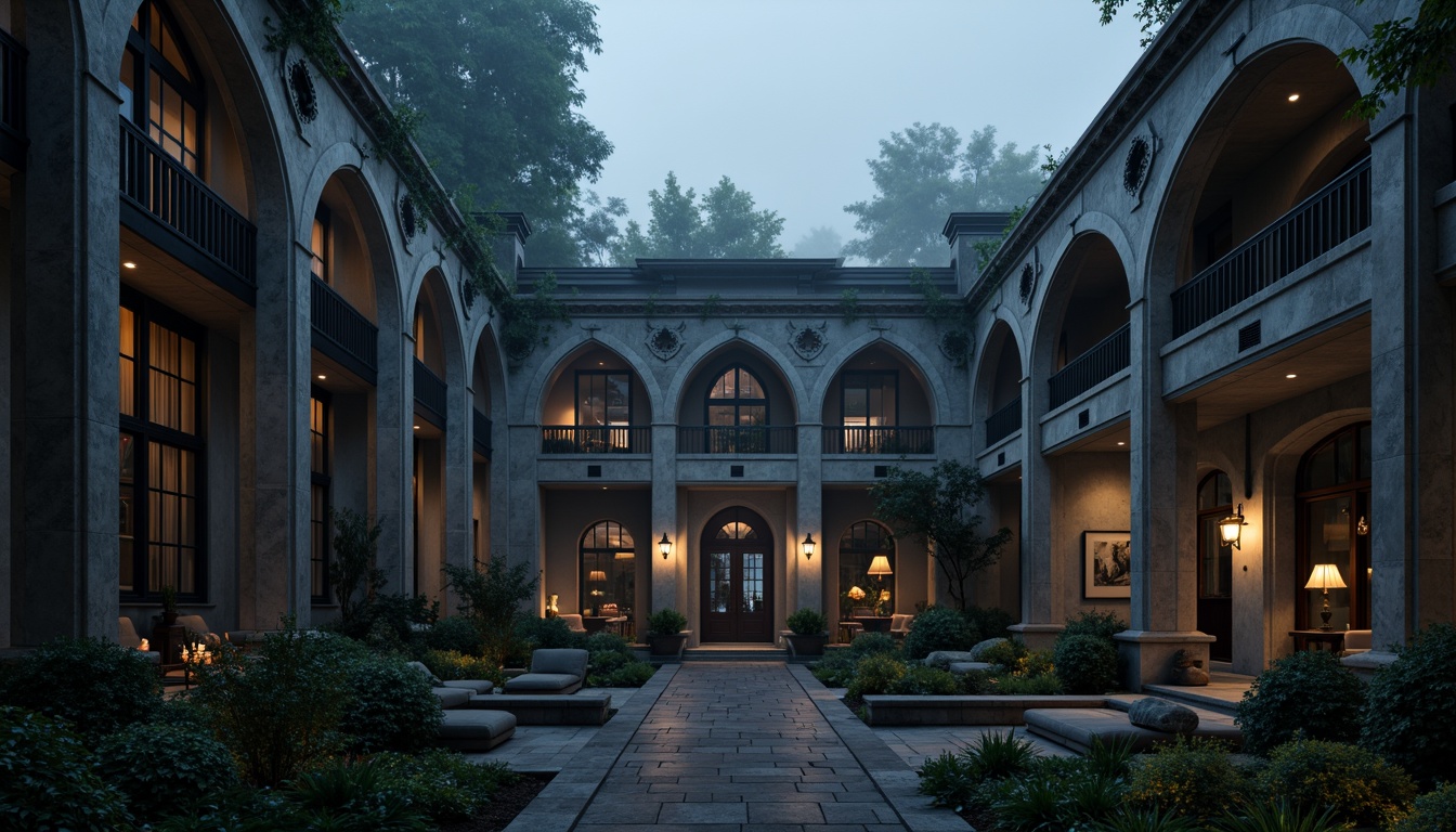 Prompt: Mysterious villa, Gothic architecture, dark grey stone walls, pointed arches, ribbed vaults, flying buttresses, intricate carvings, ornate ironwork, grand halls, high ceilings, stained glass windows, mysterious lanterns, foggy evening, soft misty lighting, warm candlelight, subtle shadows, 1/1 composition, realistic textures, ambient occlusion.