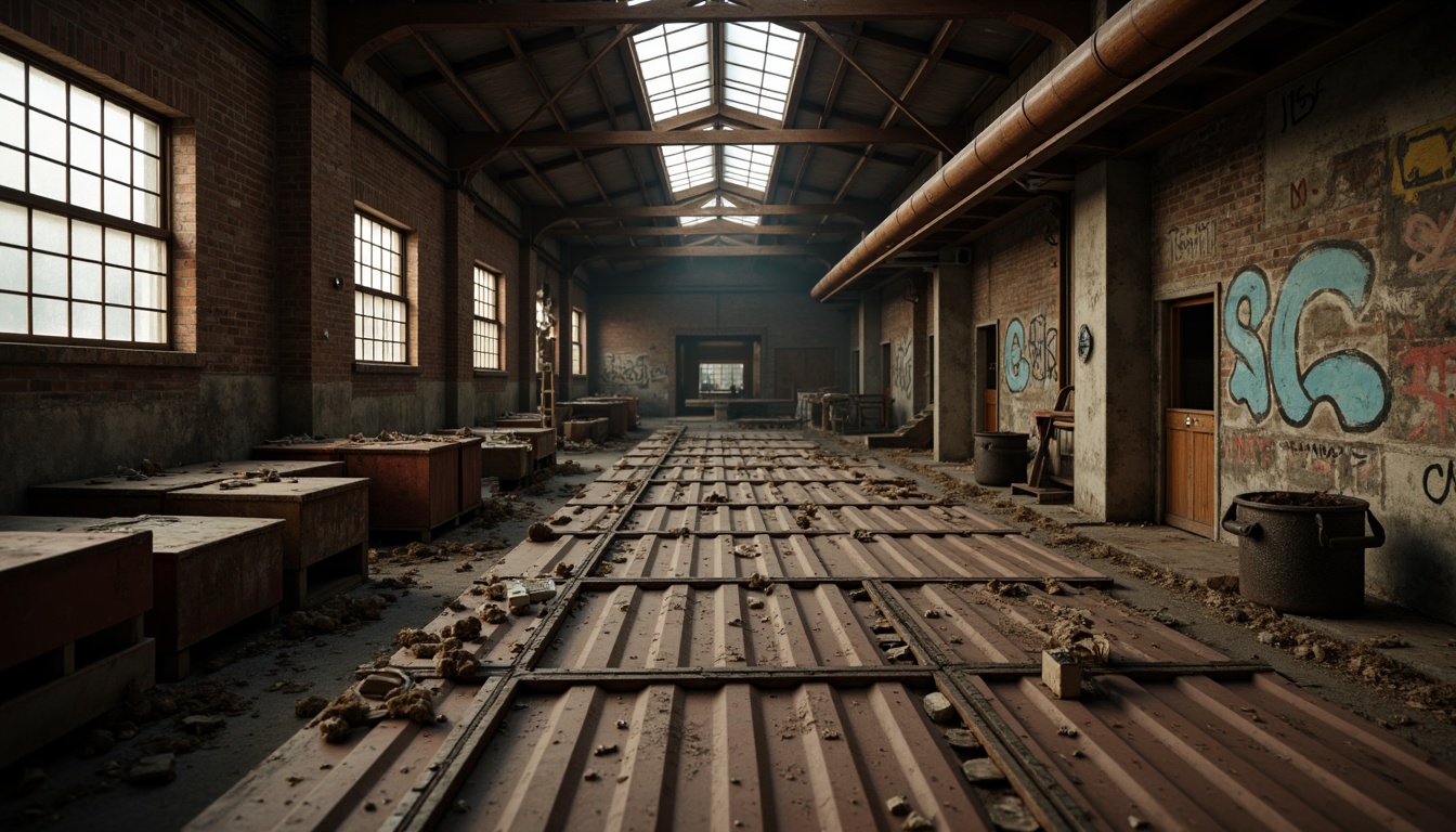 Prompt: Rustic industrial landscape, corrugated metal sheets, weathered steel surfaces, distressed finishes, rough textures, metallic sheen, urban decay, abandoned factories, old warehouses, distressed brick walls, faded graffiti, rusty machinery, worn wooden planks, dim warm lighting, shallow depth of field, 1/2 composition, cinematic atmosphere, realistic reflections.