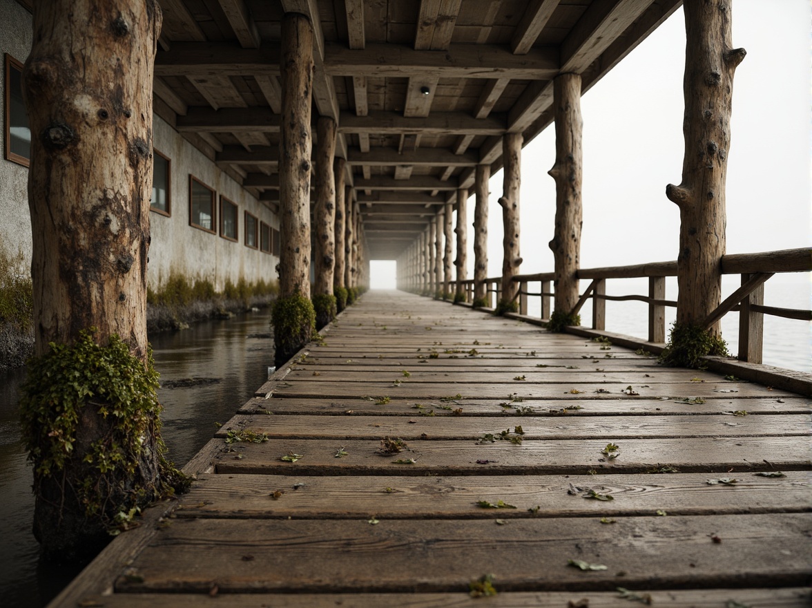 Prompt: Rustic wooden planks, weathered steel railings, rough stone walls, sandy concrete foundations, ocean-battered piers, driftwood-inspired accents, seaweed-covered columns, misty atmospheric effects, soft warm lighting, shallow depth of field, 1/2 composition, realistic water simulations, ambient occlusion.