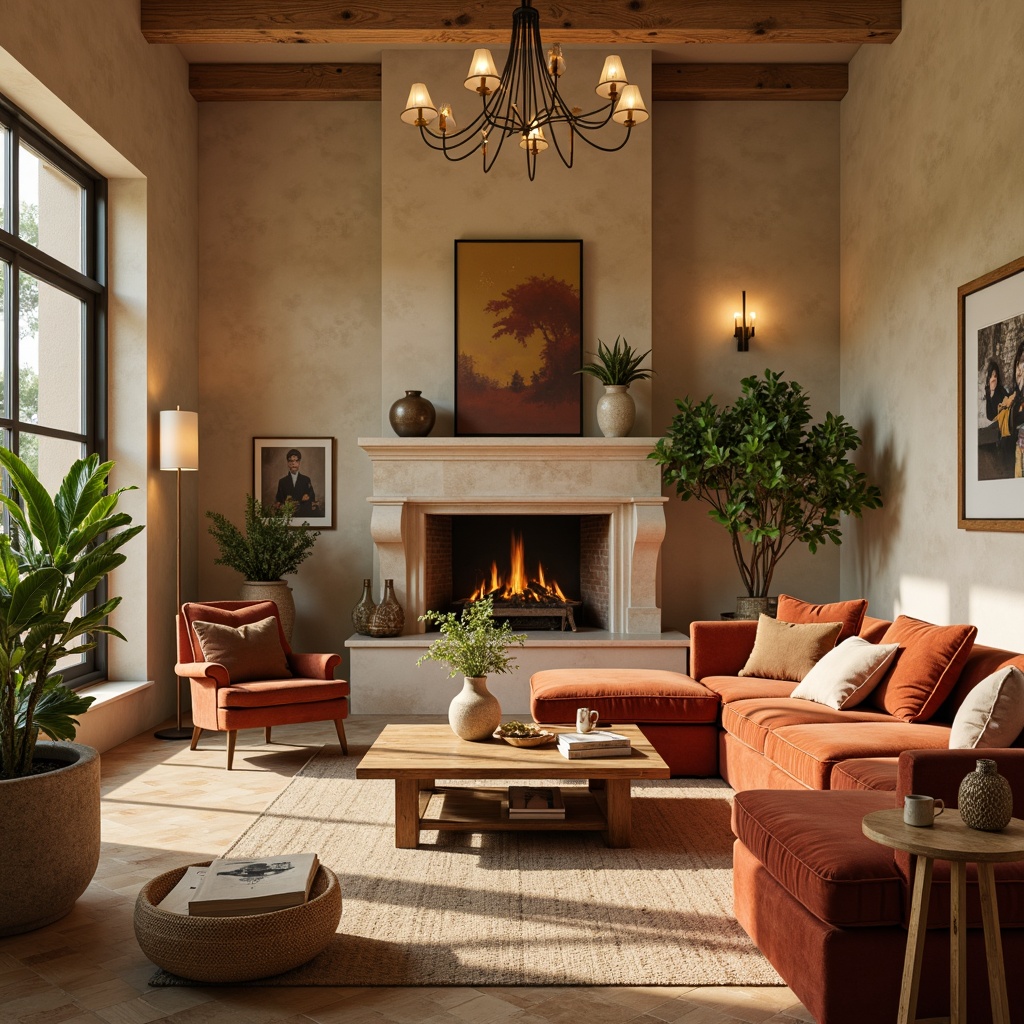 Prompt: Cozy living room, warm beige walls, plush velvet sofas, rustic wooden coffee tables, soft golden lighting, comfortable throw pillows, vibrant greenery, natural stone fireplaces, modern minimalist decor, elegant chandeliers, creamy marble countertops, warm earthy tones, relaxing ambiance, calming color palette, harmonious furniture arrangement, 1/1 composition, shallow depth of field, warm soft focus.