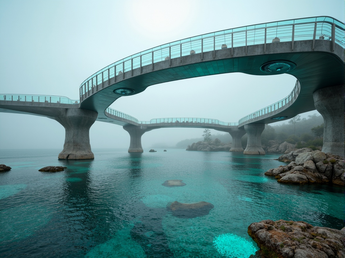 Prompt: Curved coastal bridge, undulating blob-shaped pillars, iridescent blue-green glass railings, wavy stainless steel cables, ocean-inspired architecture, cantilevered walkways, seashell-patterned concrete, driftwood-textured accents, aqua-blue LED lighting, misty morning atmosphere, soft focus photography, shallow depth of field, 1/2 composition, dramatic low-angle view, realistic water simulations, ambient occlusion.