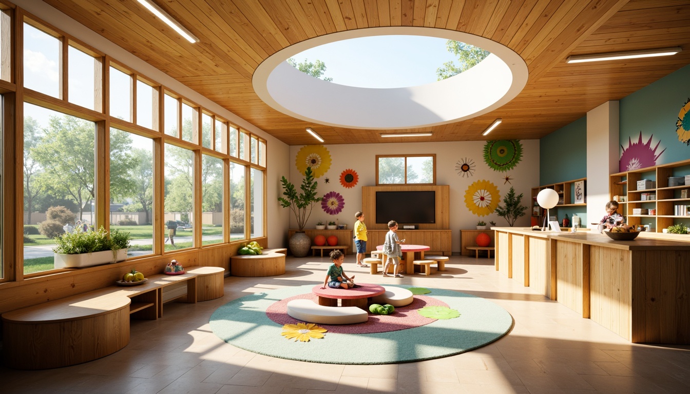 Prompt: Vibrant kindergarten interior, playful color scheme, natural wood accents, large windows, clerestory windows, skylights, translucent roofs, soft warm lighting, minimal artificial lighting, open floor plan, circular reading nooks, cozy corners, educational display walls, interactive play areas, child-sized furniture, rounded edges, non-toxic materials, organic shapes, whimsical murals, nature-inspired artwork, lively patterns, textured rugs, ambient occlusion, 1/2 composition, shallow depth of field.