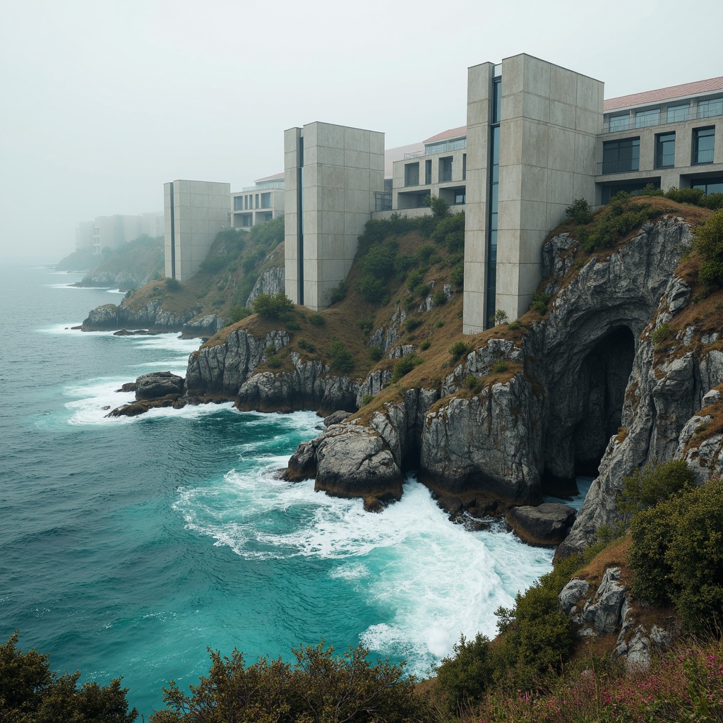 Prompt: Massive monolithic structures, rugged coastal cliffs, crashing ocean waves, salty sea air, weathered stone exteriors, brutalist design, fortress-like buildings, dramatic cantilevered roofs, angular concrete forms, ocean-inspired color palette, turquoise accents, coral patterns, driftwood textures, misty morning atmosphere, soft diffused lighting, shallow depth of field, 1/1 composition, realistic rock formations, ambient occlusion.