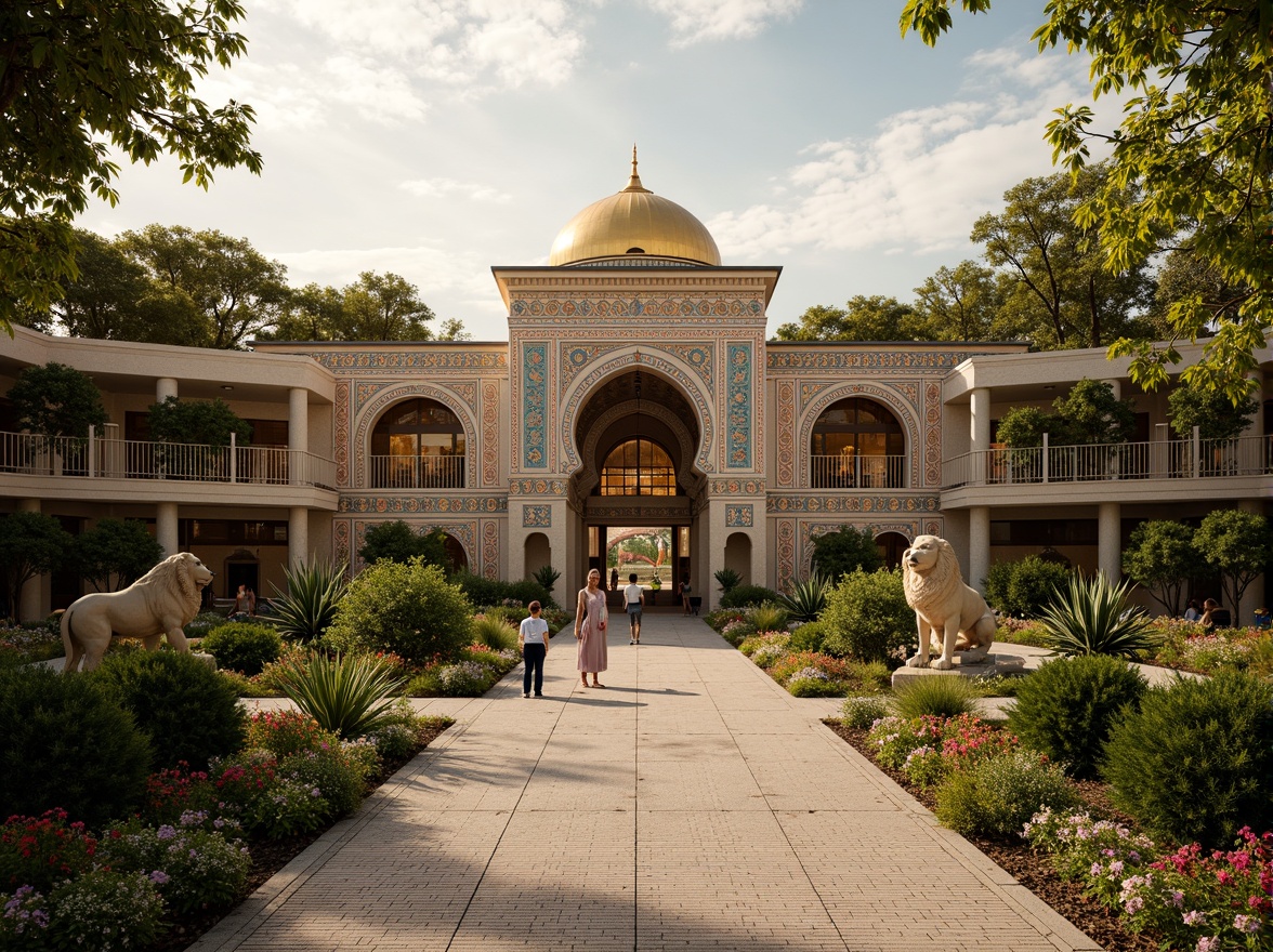 Prompt: Intricate zoo enclosures, ornate Byzantine facades, golden domes, vibrant mosaics, exotic animal habitats, lush greenery, ancient archways, intricately carved stonework, grand entrance gates, majestic lion statues, Moorish-inspired geometric patterns, warm golden lighting, soft focus, shallow depth of field, 1/2 composition, symmetrical framing, realistic textures, ambient occlusion.