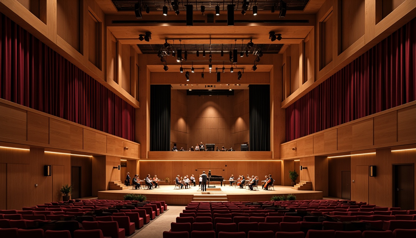 Prompt: Intimate concert hall, rich wooden paneling, velvety dark red curtains, polished brass accents, tiered seating, sound-absorbing materials, acoustic diffusers, strategically placed speakers, resonant chamber, live performance atmosphere, warm soft lighting, shallow depth of field, 1/2 composition, cinematic view, realistic textures, ambient occlusion.