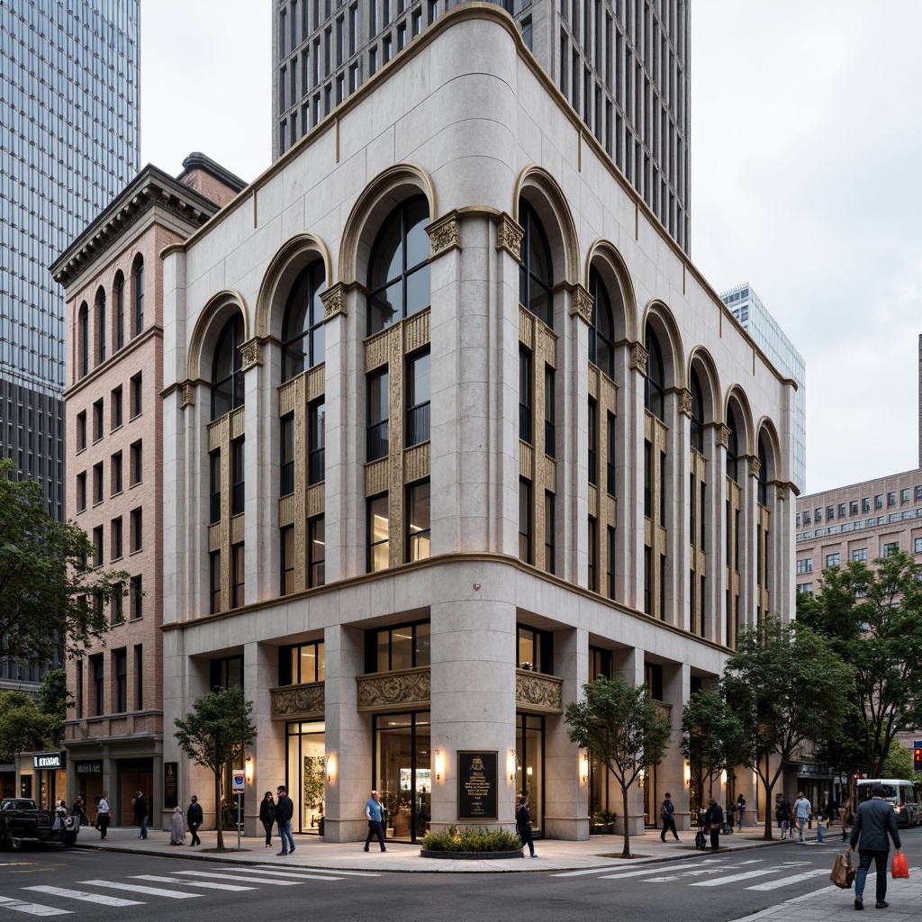 Prompt: Monumental bank building, granite stone fa\u00e7ade, ornate bronze details, symmetrical composition, grand entrance arches, vertical pilasters, rusticated bases, minimalist ornamentation, subtle Art Deco influences, rectangular windows, vertical emphasis, imposing scale, urban cityscape, busy streets, daytime scene, soft natural light, shallow depth of field, 2/3 composition, realistic textures, ambient occlusion.