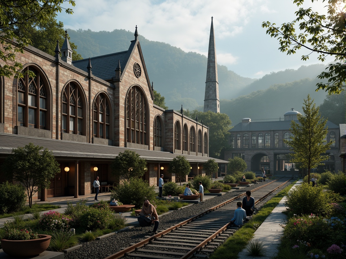 Prompt: Grandiose Gothic train station, ornate stone facades, stained glass windows, intricate ribbed vaults, majestic clock towers, lush greenery, vibrant flowers, misty atmosphere, foggy morning, soft warm lighting, shallow depth of field, 3/4 composition, panoramic view, realistic textures, ambient occlusion, rolling hills, serpentine tracks, steel bridges, industrial landscapes, nostalgic vintage trains, rustic wooden benches, ornate metalwork, grand entrance halls, high ceilings, dramatic arches.