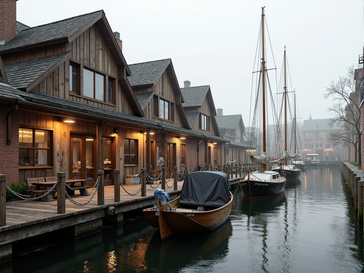 Prompt: Waterfront boathouse, rustic wooden docks, nautical rope details, vintage sailboats, academic style architecture, brick and stone facade, steeply pitched roofs, dormer windows, ornate wooden trim, distressed wood textures, weathered metal accents, soft warm lighting, shallow depth of field, 3/4 composition, panoramic view, realistic water reflections, ambient occlusion, overcast sky, misty morning atmosphere.