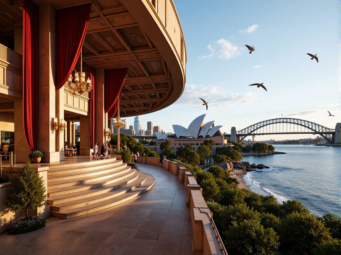 Prompt: Grand opera house, majestic architecture, sweeping curves, ornate details, lavish interior, red velvet curtains, golden chandeliers, marble floors, grand staircase, scenic waterfront, Sydney Harbour Bridge views, lush greenery, natural rock formations, ocean waves, seagulls flying overhead, sunny day, soft warm lighting, shallow depth of field, 3/4 composition, panoramic view, realistic textures, ambient occlusion.