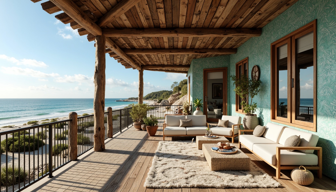 Prompt: Coastal scenery, weathered wood planks, driftwood accents, ocean-worn stones, sandy dunes, sea salt-encrusted walls, coral-inspired patterns, turquoise-colored glass tiles, fish-scale textures, wavy metal railings, beachy woven furniture, natural fiber rugs, shells and pebbles decorations, soft ocean breeze, warm sunny light, shallow depth of field, 1/1 composition, realistic renderings, ambient occlusion.