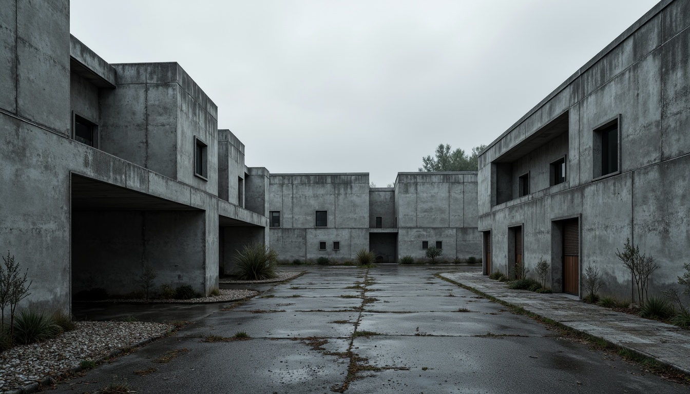 Prompt: Raw, unfinished concrete walls, brutalist architecture, urban landscape, industrial ambiance, rugged textures, monolithic structures, fortress-like buildings, dramatic lighting, deep shadows, high-contrast tones, abstract compositions, bold geometric forms, minimalist decor, functional simplicity, cold atmospheric mood, overcast sky, harsh weathering effects.