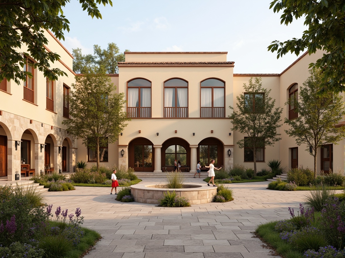 Prompt: Warm beige facade, rustic stone walls, arched windows, ornate wooden doors, elegant column details, classic academic architecture, vibrant greenery, blooming flowers, lively outdoor spaces, educational signage, inviting entranceways, modern community facilities, spacious courtyards, natural stone pathways, soft warm lighting, 1/1 composition, realistic textures, ambient occlusion.