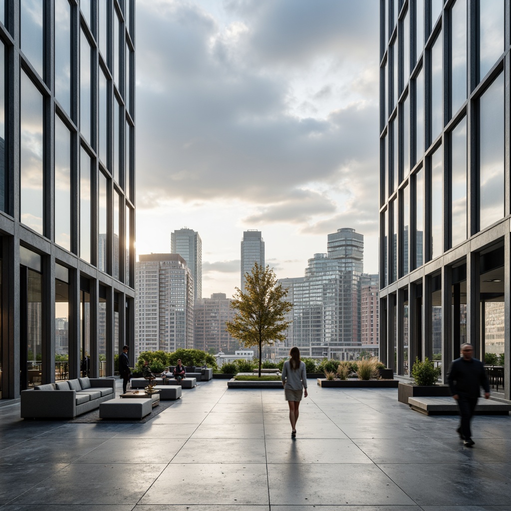 Prompt: Simple minimalist facade, transparent glass walls, sleek metal frames, open floor plans, minimal ornamentation, natural light influx, airy atmosphere, sparse furniture arrangements, polished concrete floors, industrial chic aesthetic, urban cityscape backdrop, cloudy sky with subtle sunlight, softbox lighting, shallow depth of field, 1/1 composition, realistic reflections, ambient occlusion.