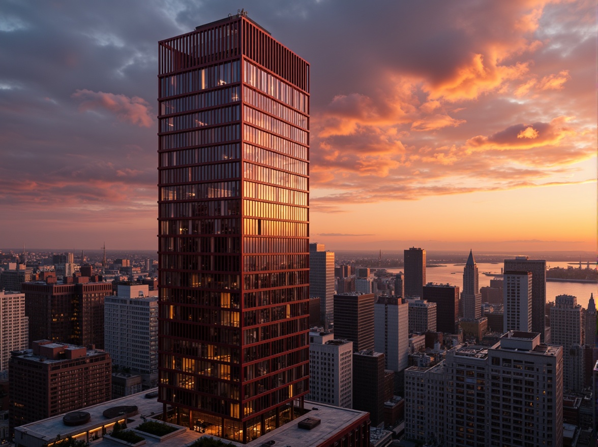 Prompt: Maroon skyscraper, luxurious high-rise building, sleek modern architecture, dark red-brown fa\u00e7ade, reflective glass windows, metallic accents, majestic urban skyline, dramatic cityscape, vibrant maroon hues, warm golden lighting, 1/1 composition, shallow depth of field, realistic textures, ambient occlusion.