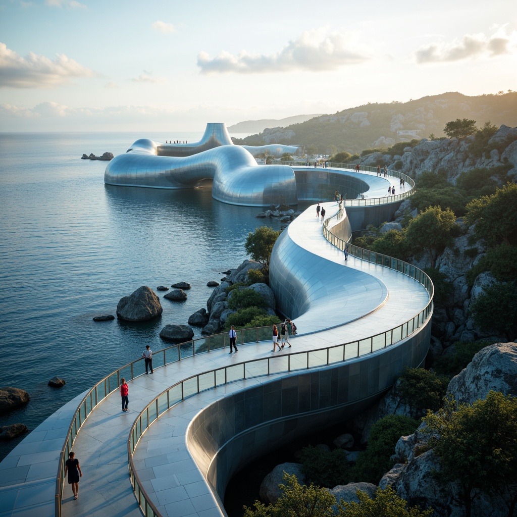 Prompt: Undulating coastal bridges, futuristic blob-like structures, iridescent ocean-inspired colors, sleek metallic materials, translucent glass railings, wavy pedestrian walkways, misty sea air atmosphere, soft warm lighting, shallow depth of field, 3/4 composition, panoramic view, realistic reflections, ambient occlusion, innovative cable-stayed systems, suspension technology, cantilevered sections, dynamic wind-resistant design, sustainable energy harvesting, tidal power turbines, wave energy converters, ocean-inspired sculptures, vibrant beachy textures.