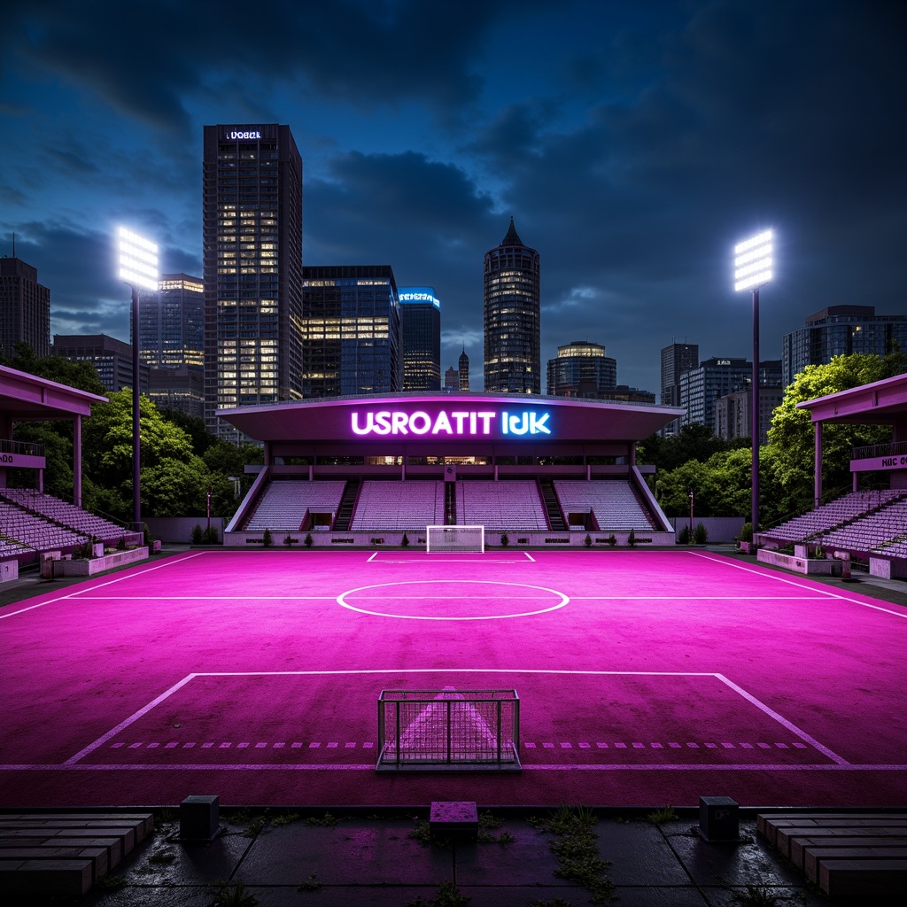 Prompt: Vibrant fuchsia soccer field, urban landscape, concrete stadium, athletic tracks, modern sports facilities, sleek metal goalposts, bold typography, neon signage, nighttime illumination, soft focus blur, shallow depth of field, 1/2 composition, realistic textures, ambient occlusion, dynamic shadows, artificial turf, urban skyscrapers, cityscape backdrop.