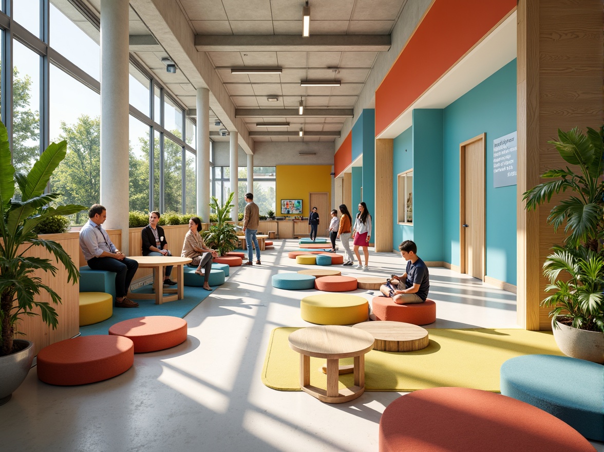 Prompt: Vibrant educational hub, playful learning zones, bright primary colors, soothing pastel shades, natural wood accents, cozy reading nooks, inspirational quote decals, collaborative workspaces, modern minimalist furniture, sleek metallic legs, ergonomic chairs, abundant greenery, floor-to-ceiling windows, soft diffused lighting, calming atmosphere, 1/2 composition, warm color harmony, realistic textures, subtle ambient occlusion.