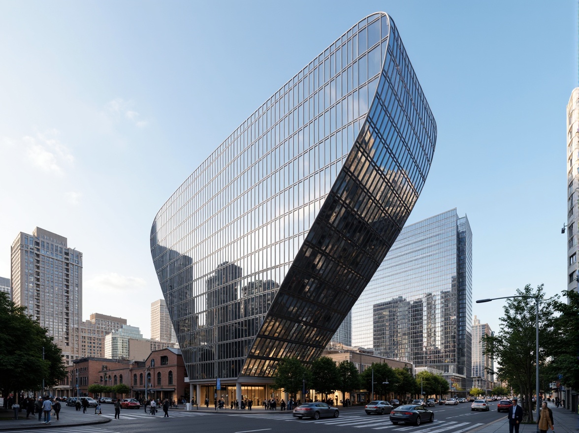 Prompt: Sleek modern building, curved lines, aerodynamic shape, reflective glass facade, metallic accents, minimalist details, cantilevered overhangs, asymmetrical composition, urban cityscape, busy streets, morning sunlight, soft shadows, shallow depth of field, 1/2 composition, panoramic view, realistic reflections, ambient occlusion, futuristic atmosphere.