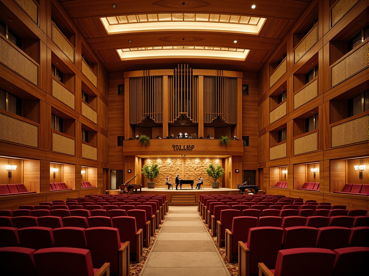 Prompt: Elegant concert hall, refined wood paneling, plush crimson seats, ornate golden balconies, sophisticated soundproofing systems, advanced acoustic treatments, precision-crafted wooden instruments, grand pianos, intricate soundwave patterns, soft warm lighting, shallow depth of field, 3/4 composition, realistic textures, ambient occlusion.