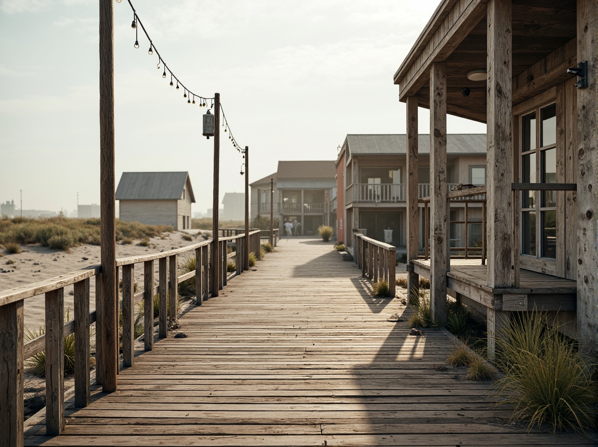 Prompt: Weathered wooden docks, rusty metal railings, driftwood accents, sea-salt-eroded concrete, rough-hewn stone walls, corrugated metal roofs, faded nautical ropes, sandy dune-inspired landscapes, misty ocean air, soft warm sunlight, shallow depth of field, 3/4 composition, panoramic view, realistic textures, ambient occlusion, beachside pathways, coastal erosion protection systems, sustainable building materials, eco-friendly construction methods.