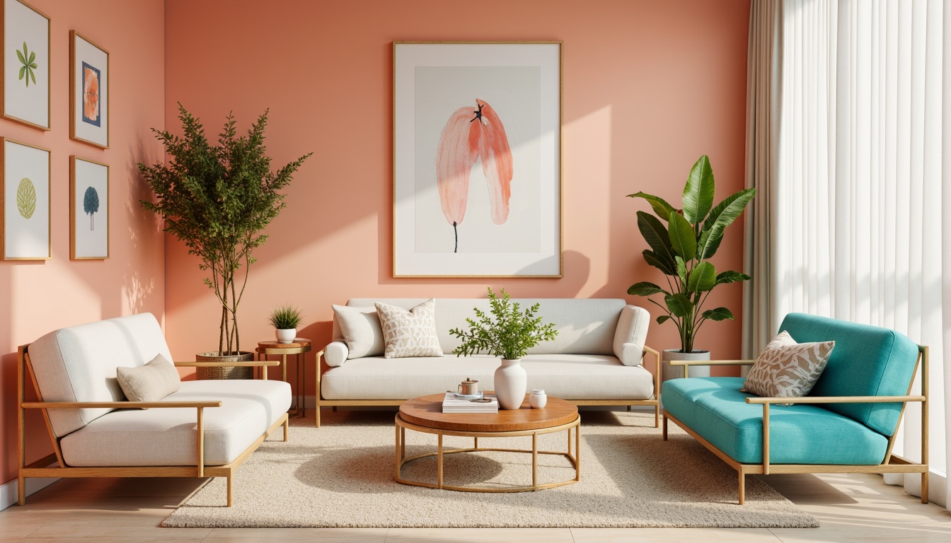 Prompt: Vibrant color scheme, harmonious hues, pastel tones, soft peach walls, creamy white accents, rich turquoise furniture, metallic gold details, natural wood textures, geometric patterns, abstract artwork, modern minimalist decor, bright airy atmosphere, warm soft lighting, 1/1 composition, shallow depth of field, realistic renderings.