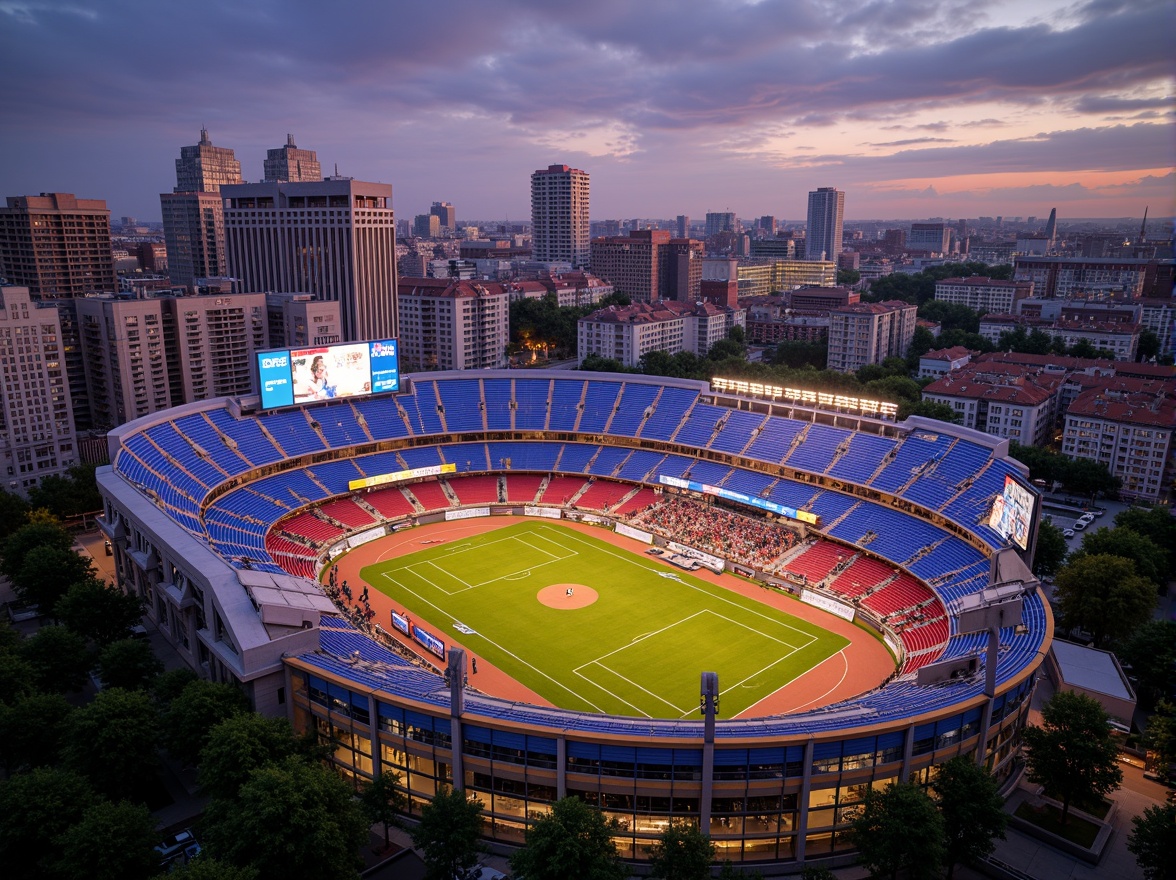 Prompt: Vibrant sports stadium, fusion architecture, bold color scheme, dynamic LED lights, sleek metal structures, futuristic curves, urban landscape, bustling cityscape, evening atmosphere, warm golden lighting, shallow depth of field, 1/2 composition, low-angle shot, realistic materials, ambient occlusion, detailed textures, neon-lit advertisements, modern scoreboard displays, comfortable seating areas, athletic track surfaces, grassy fields, dynamic crowd scenes.