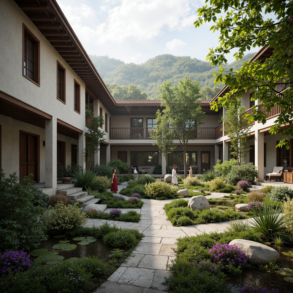 Prompt: Serene monastery courtyard, lush greenery, vibrant flowers, natural stone walls, wooden accents, tranquil water features, meandering pathways, spiritual statues, minimalist architecture, large windows, clerestory lighting, rustic textures, ambient occlusion, misty morning atmosphere, soft warm glow, shallow depth of field, 1/1 composition, symmetrical framing, realistic foliage, harmonious integration with surrounding landscape, rolling hills, verdant forests, meandering streams, distant mountain ranges, serene natural ambiance.