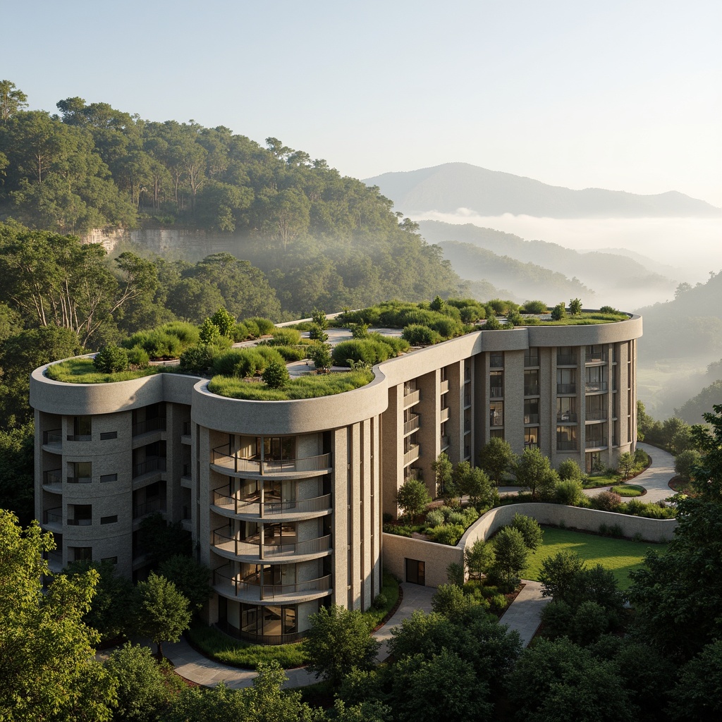 Prompt: Harmonious building integration, lush green roofs, native plant species, natural stone facades, curved lines, organic forms, blending with surroundings, scenic views, panoramic vistas, misty mornings, warm sunlight, soft shadows, 1/1 composition, realistic textures, ambient occlusion.